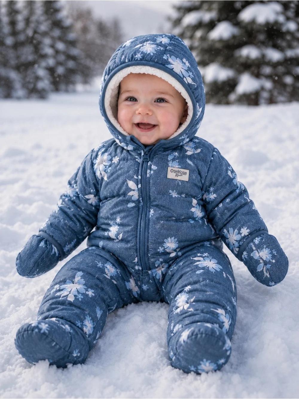 ❄️OSHKOSH Baby Blue Floral Puffer One-Piece Snowsuit - Infant 6/9 Months